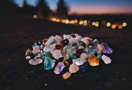 Assortment of small crystals sitting outside under a night sky with a new moon