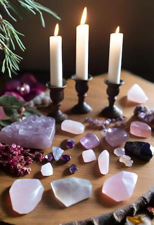Small pieces of garnet, amethyst, and rose quartz and three lit candles displayed on wooden altar for Imbolc