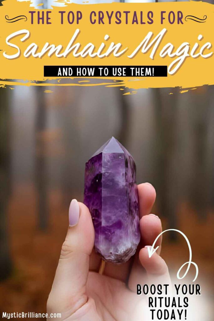 Picture of a person holding an amethyst crystal against a foggy forest background with text overlay The Top Crystals for Samhain Magic Boost Your Rituals Today!