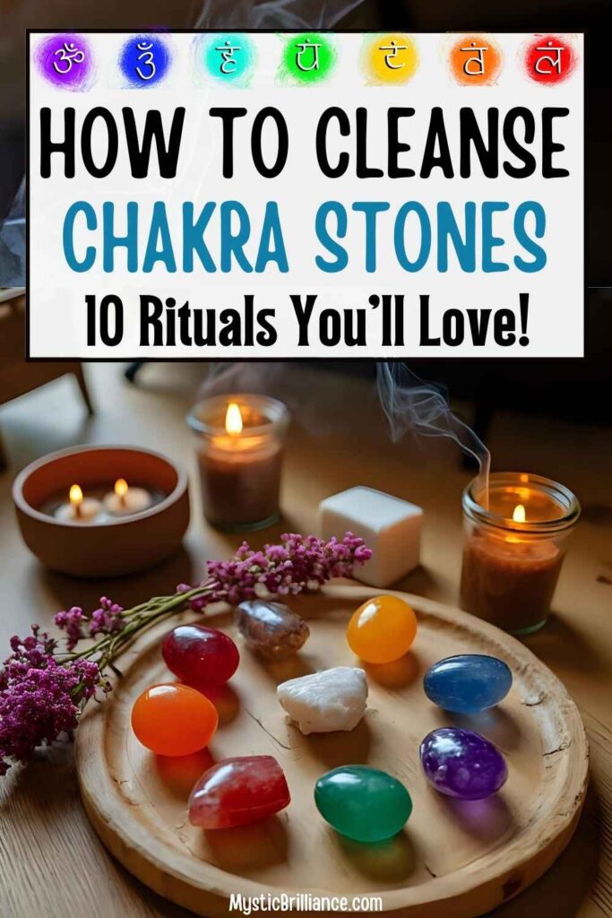Picture of a wooden plate displaying vibrant chakra stones, candles, and flowers with text overlay How to Cleanse Chakra Stones 10 Rituals You'll Love!