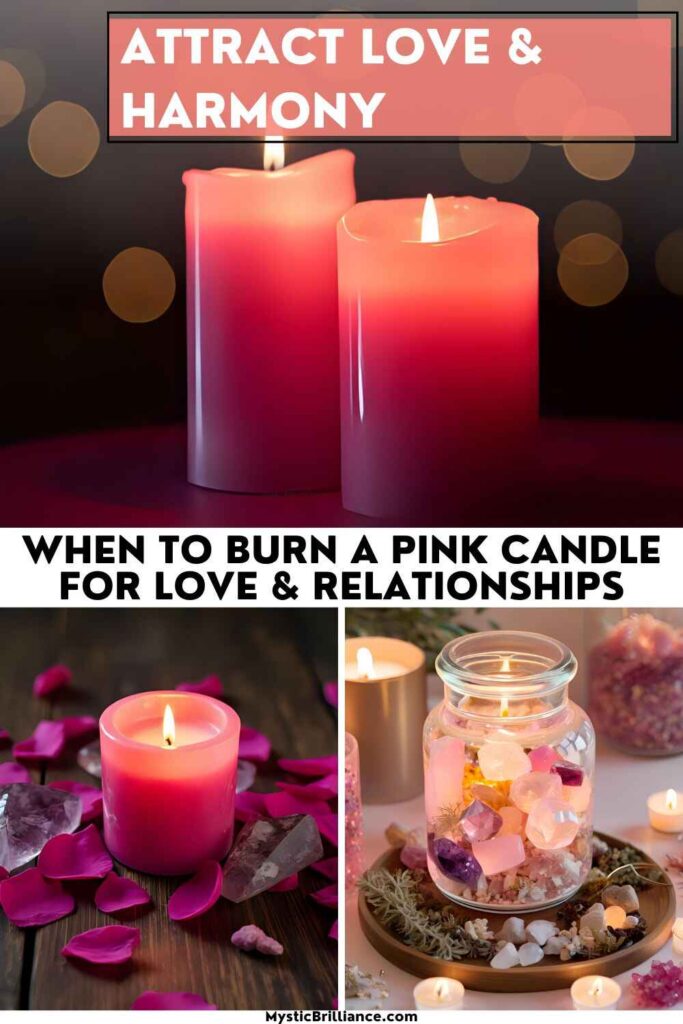 Picture of two pink candles, a pink candle surrounded by rose petals, and a love spell jar with text overlay Attract Love and Harmony When to Burn a Pink Candle for Love and Relationships