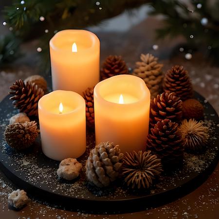Lit candles and pine cones on a cozy winter altar