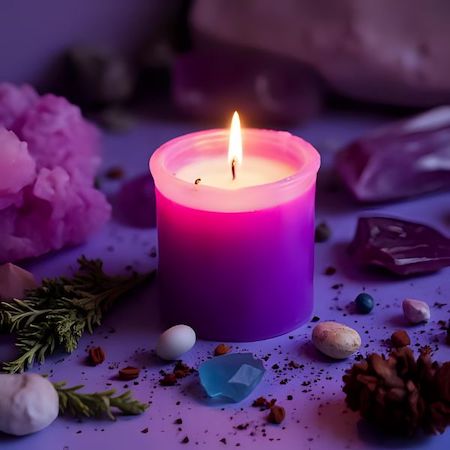 lit purple candle surrounded by crystals and herbs
