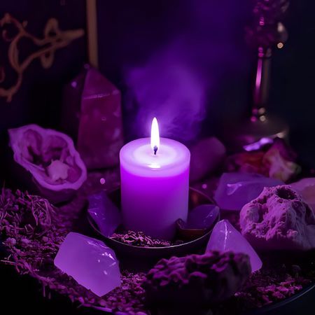 lit purple candle surrounded by crystals and herbs