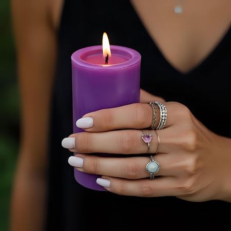 close up picture of a woman holding a lit purple candle