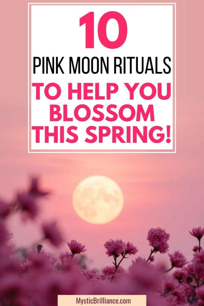 Picture of a large, pink full moon behind blooming pink flowers with text overlay 10 Pink Moon Rituals to Help You Blossom This Spring!