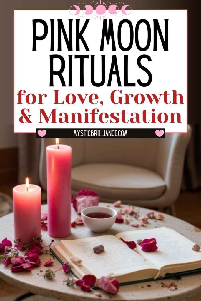 Picture of a table displaying two pink candles, a small bowl, an open book, and scattered rose petals with text overlay Pink Moon Rituals for Love, Growth & Manifestation