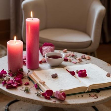 Pink Moon ritual of a table displaying two pink candles, a small bowl, an open book, and scattered rose petals