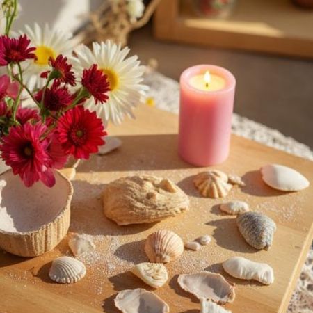 A wooden table displaying a pink candle surrounded by seashells and flowers
