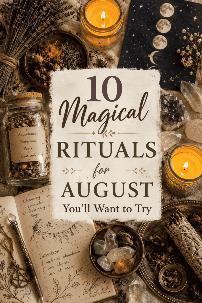 Picture of an assortment of items related to August rituals, including candles, herbs in jars, crystals, and a notebook featuring intentions and herbal cleansing practices with text overlay 10 Magical Rituals for August You'll Want to Try