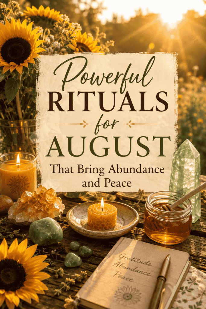 Picture of a table adorned with sunflowers, crystals, candles, and a notebook with text overlay Powerful Rituals for August That Bring Abundance and Peace
