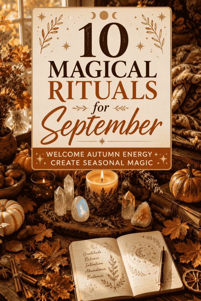 Picture of an arrangement of a candle, crystals, a decorative pumpkin, and an open notebook set against a warm, autumnal background with text overlay 10 Magical Rituals for September