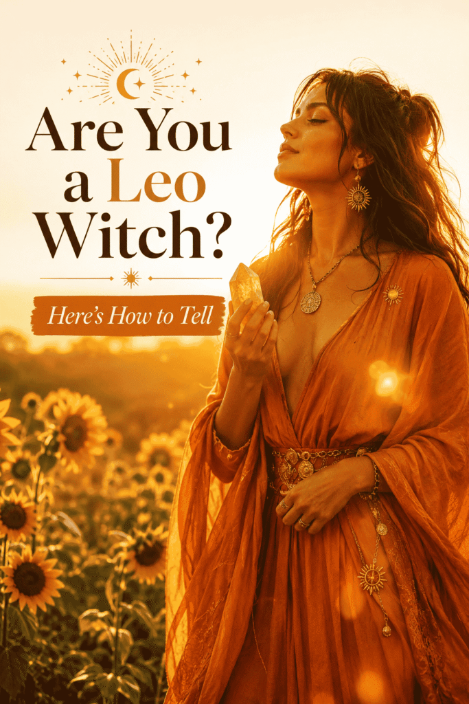 Picture of a woman in an orange dress standing in a sunflower field and holding a crystal with text overlay Are You a Leo Witch? Here's How to Tell