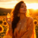 Picture of a confident woman dressed in flowing gold or orange clothing standing in a sunlit field during golden hour holding a piece of citrine crystal and surrounded by sunflowers