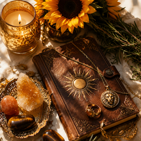 Flat lay featuring a gold candle, citrine, sunstone, tiger's eye, sunflowers, rosemary, a leather grimoire, and gold jewelry with a lion charm