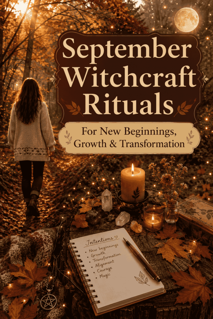 Picture of a person walking through a forest adorned with autumn leaves, accompanied by a table featuring candles, crystals, and a notebook titled Intentions with text overlay September Witchcraft Rituals for New Beginnings, Growth, and Transformation