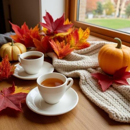 Cozy set up of tea cups, fall leaves, and pumpkins for a September ritual