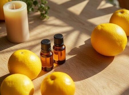 Lemons, essential oil bottles, and a candle on a sun-dappled wooden table