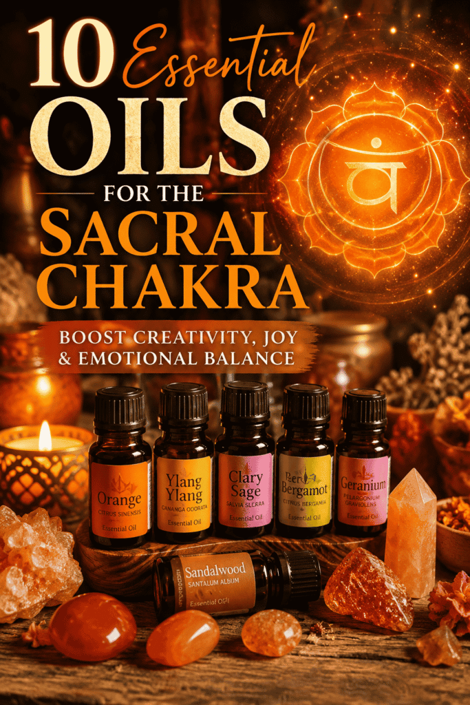 Picture of an arrangement of essential oil bottles labeled for the sacral chakra, surrounded by crystals and candles with text overlay 10 Essential Oils for the Sacral Chakra