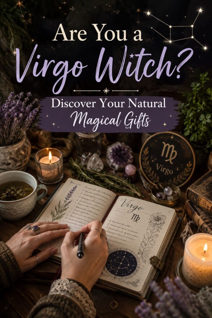 Picture of a woman writing in a journal about Virgo witchcraft while surrounded by herbs, a candle, and astrological decor with text overlay Are You a Virgo Witch?