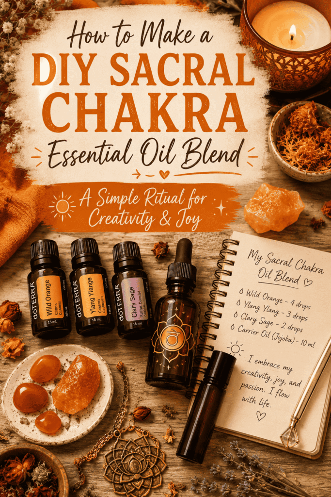 Picture of an arrangement of essential oils, crystals, a candle, and a notebook detailing a DIY sacral chakra essential oil blend with text overlay How to Make a DIY Sacral Chakra Essential Oil Blend