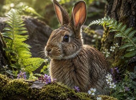 Picture of a rabbit sitting among wildflowers and ferns