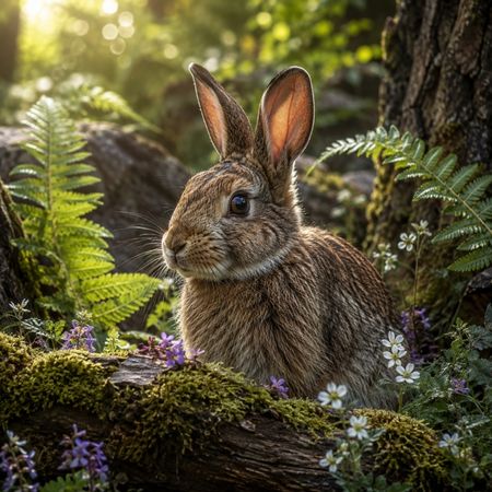 Picture of a rabbit sitting among wildflowers and ferns