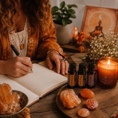 Person journaling in a peaceful space surrounded by a warm glowing candle, crystals, and sacral chakra essential oil bottles