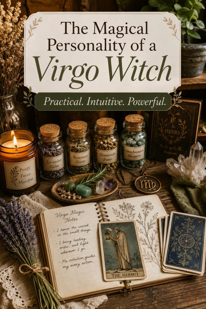 Picture of an arrangement featuring a candle, various herbs in labeled jars, a tarot card, and an open notebook with notes about the Virgo zodiac sign with text overlay The Magical Personality of a Virgo Witch: Practical. Intuitive. Powerful.