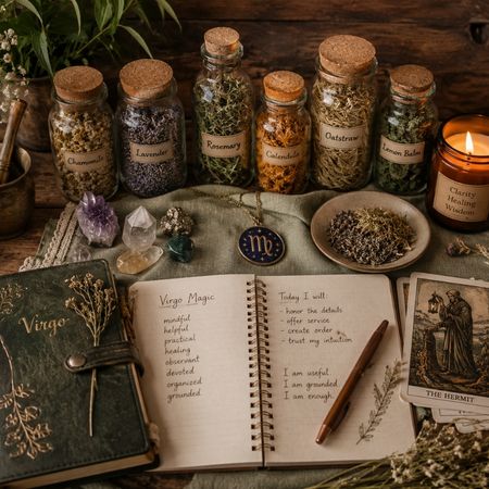 A Virgo-inspired altar on a rustic wooden table with neatly arranged spell jars, dried herbs, crystals, a handwritten magical journal, tarot cards, a Virgo zodiac charm, and a candle