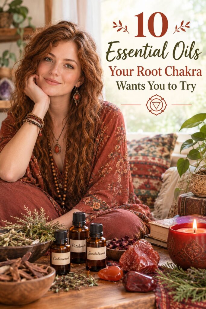 Picture of a woman in a bohemian-style setting sitting beside an assortment of essential oils, herbs, and crystals, with text overlay 10 Essential Oils Your Root Chakra Wants You to Try