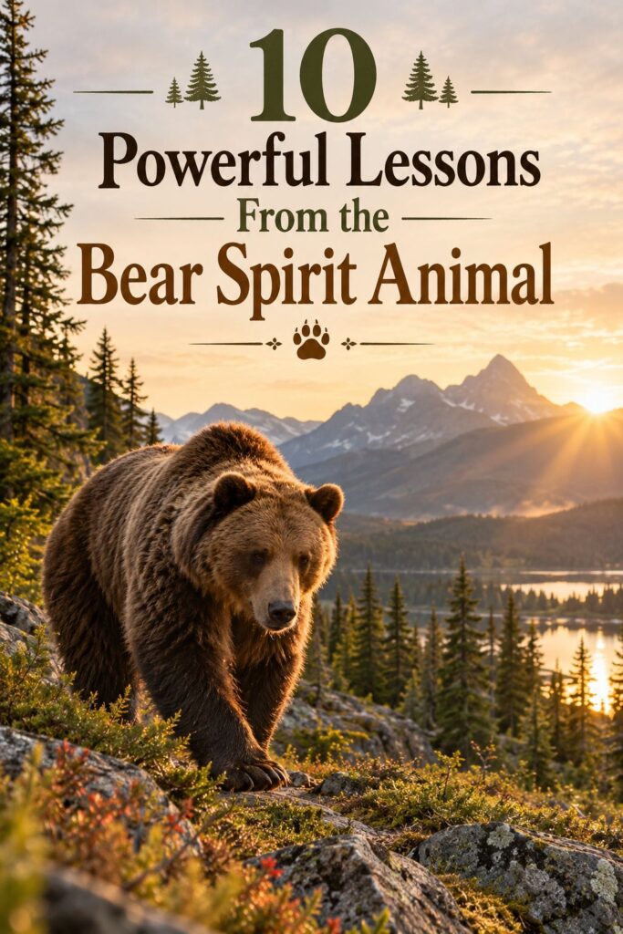Picture of a bear walking through a rocky landscape with mountains and a lake in the background with text overlay 10 Powerful Lessons From the Bear Spirit Animal