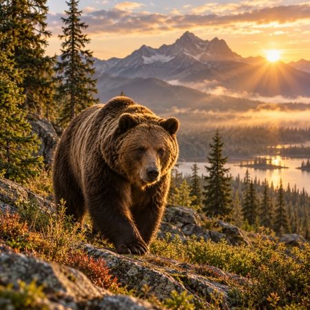 Picture of a bear walking through a rocky landscape with mountains and a lake in the background