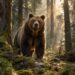 Picture of a grizzly bear standing on a moss-covered rock in a forest with sunlight filtering through the trees