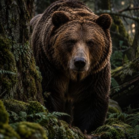 Picture of a brown bear standing among trees and ferns