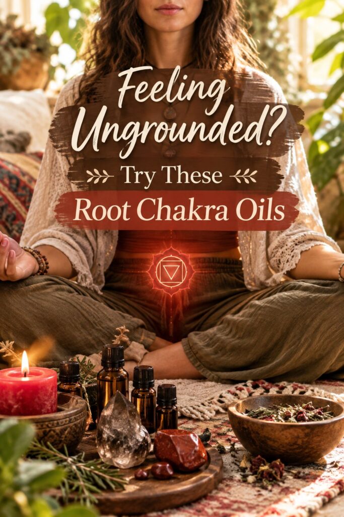 Picture of a woman sitting cross-legged among essential oils, crystals, and candles with text overlay Feeling Ungrounded? Try These Root Chakra Oils