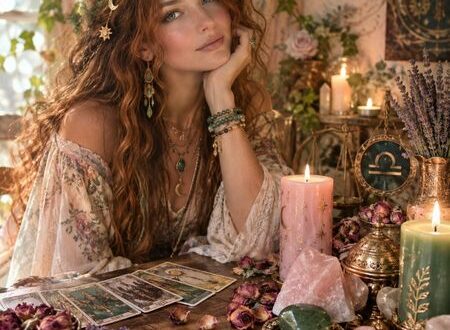Beautiful woman with an ethereal bohemian appearance sitting beside a magical altar that includes rose quartz, green aventurine, tarot cards, pink and green candles, dried roses, lavender, and a small Libra zodiac symbol