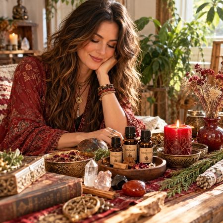 Picture of a woman in a bohemian-style setting sitting beside an assortment of essential oils, herbs, and crystals