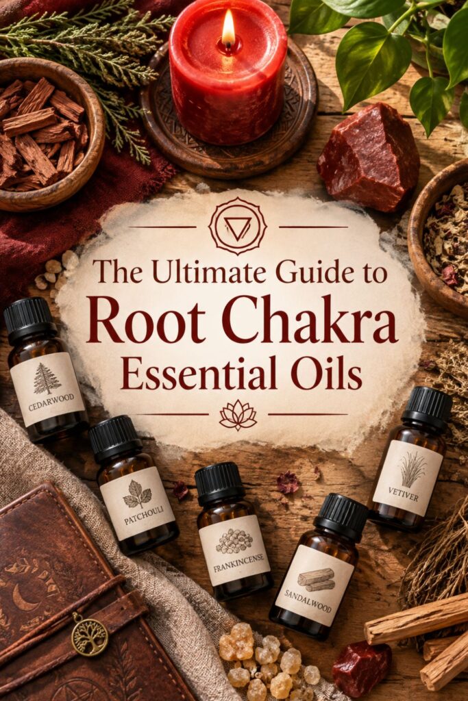 Picture of an arrangement of essential oil bottles labeled with various types of oils with text overlay The Ultimate Guide to Root Chakra Essential Oils