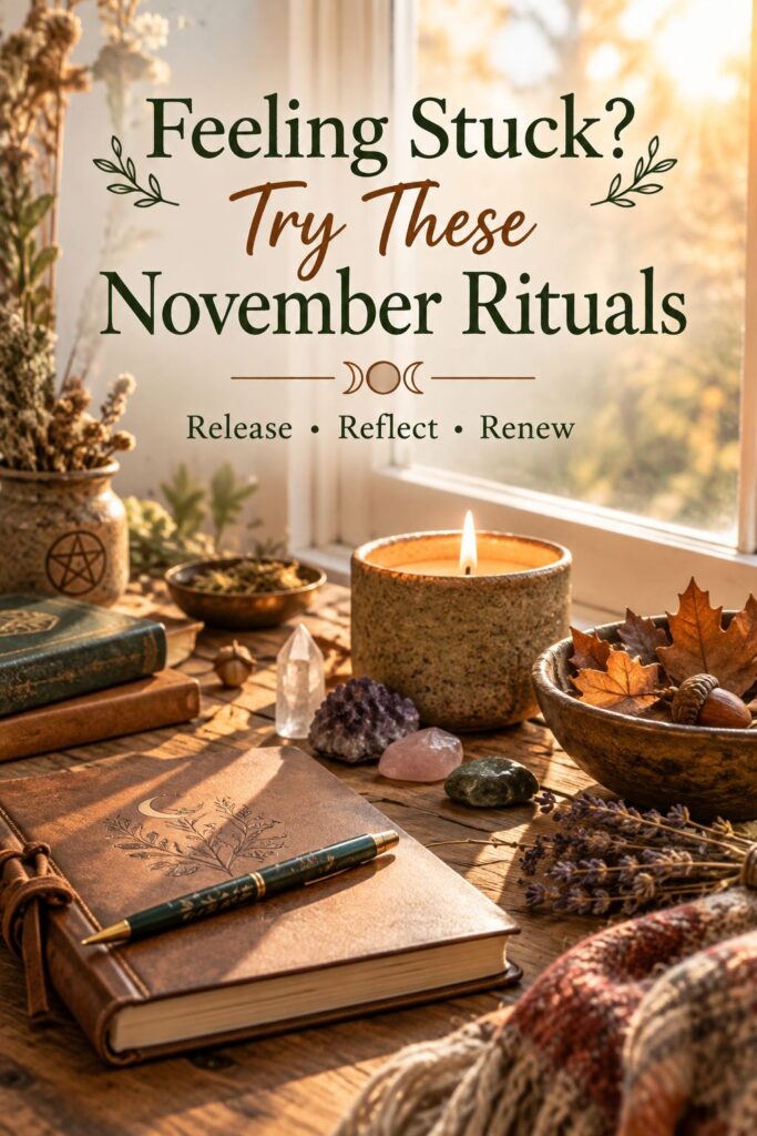 Picture of a cozy tabletop scene featuring a journal, a pen, candles, crystals, and dried herbs with text overlay Feeling Stuck? Try These November Rituals