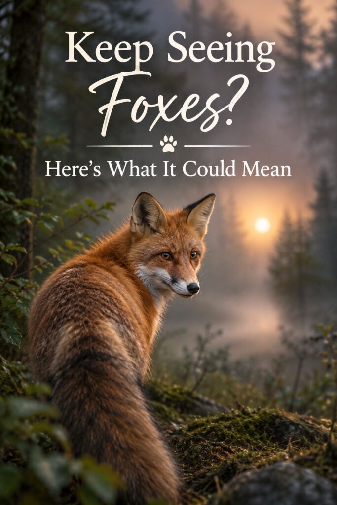 Picture of a red fox in a natural setting with a sunrise in the background with text overlay Keep Seeing Foxes? Here's What it Could Mean