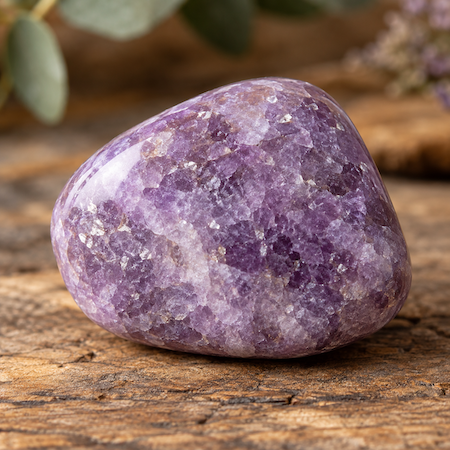 Single piece of polished lepidolite on a wooden surface