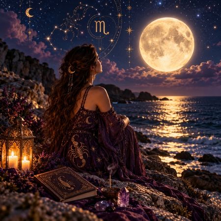 A woman gazing at a glowing full moon beside the ocean, with subtle Scorpio zodiac symbolism, stars, and soft celestial details