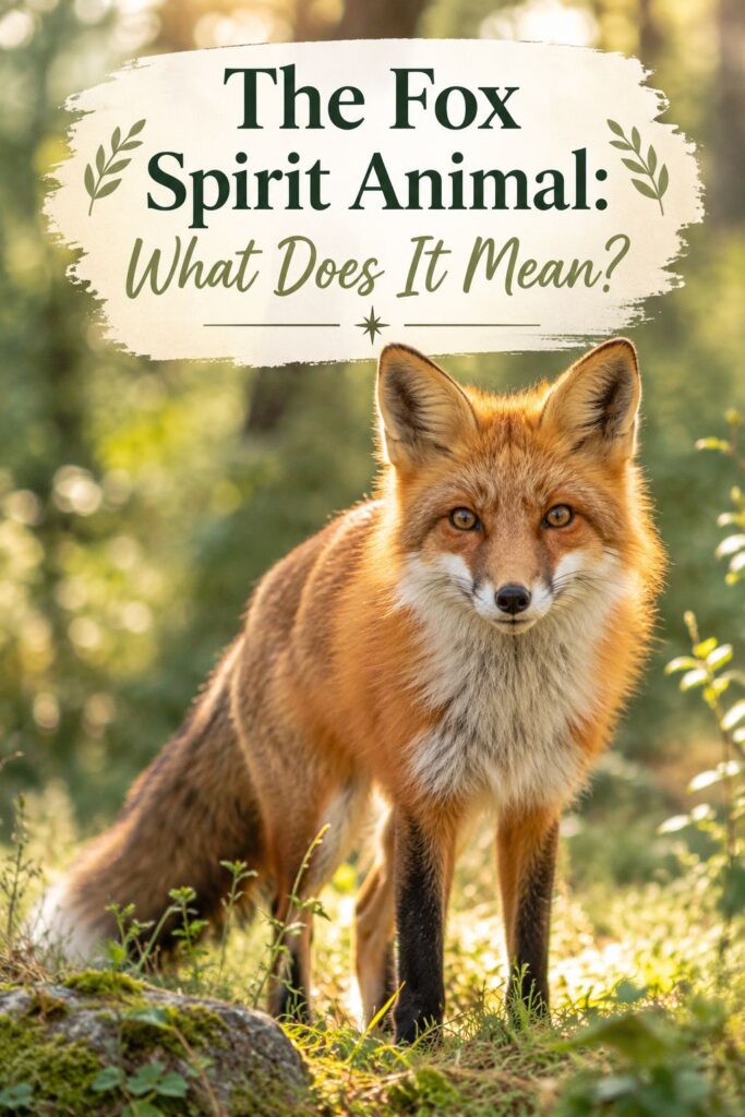 Picture of a red fox standing in a lush green forest setting with text overlay The Fox Spirit Animal: What Does it Mean?