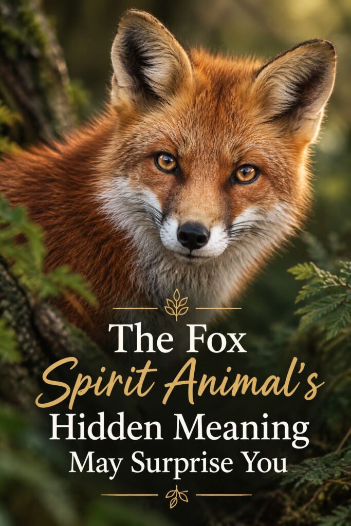 Picture of a close-up of a fox's face with expressive eyes surrounded by greenery with text overlay The Fox Spirit Animal's Hidden Meaning May Surprise You